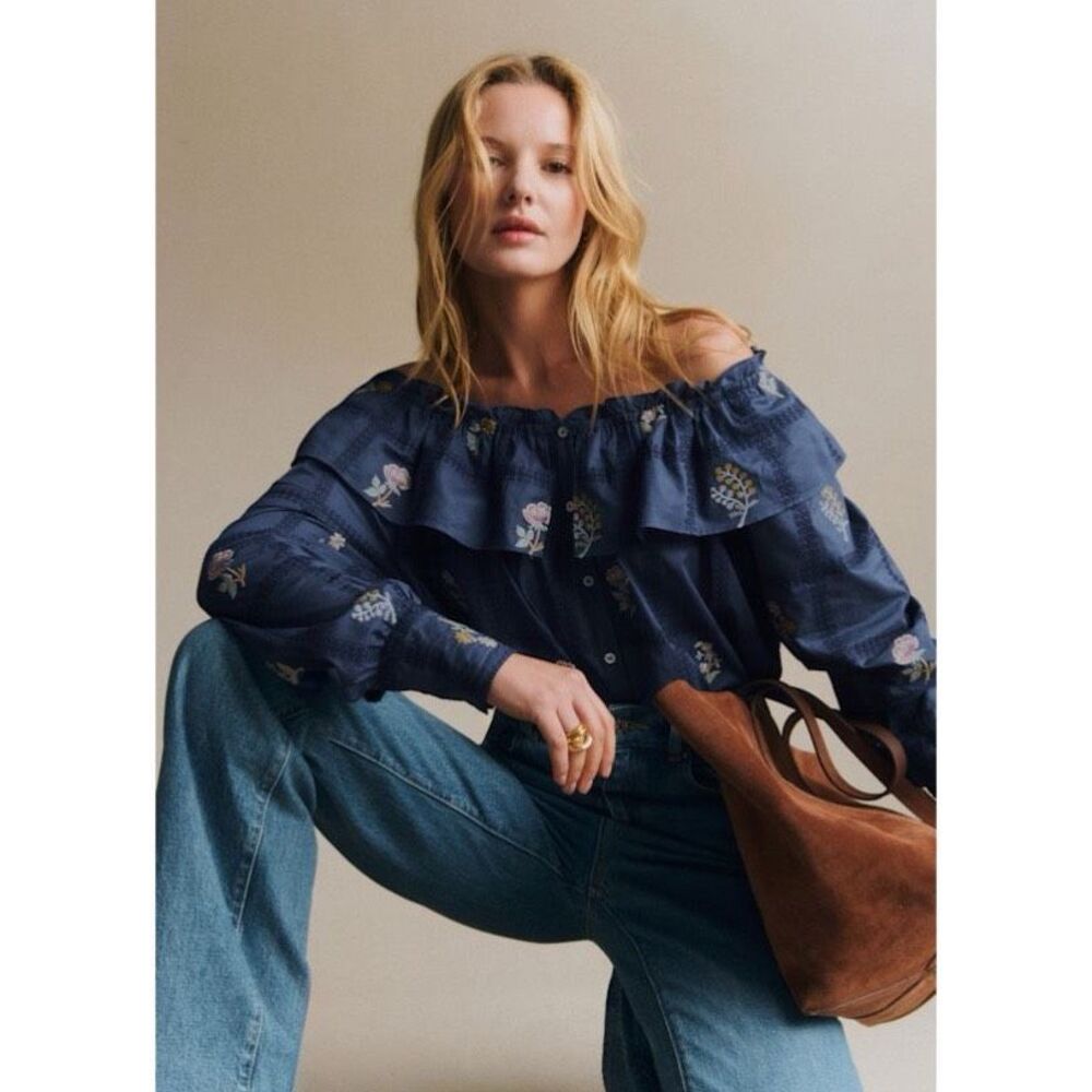 Sezane Garancine Off Shoulder Embroidered Shirt - Picture 2 of 12